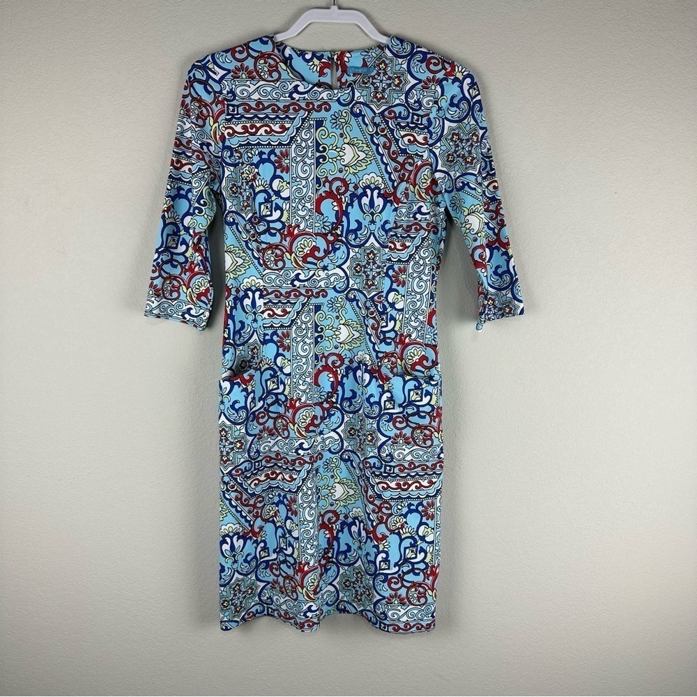 J. McLaughlin Blue Red Catalyst Pocket 3/4 Sleeves Catalina Cloth Dress Small